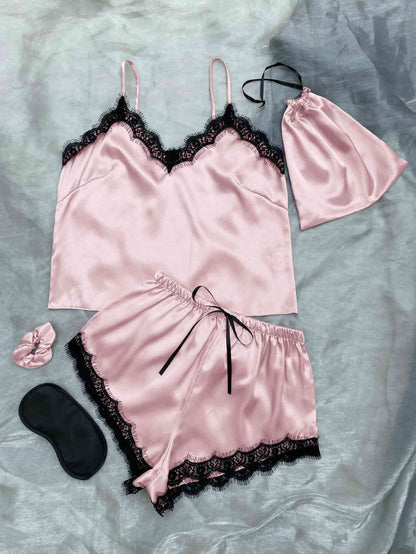 Lace Trim Cami, Shorts, Eye Mask, Scrunchie, and Bag Pajama Set