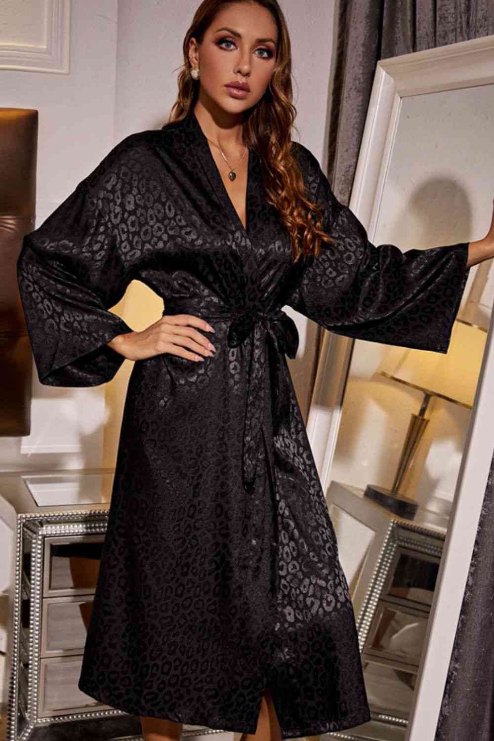 Leopard Tie Waist Satin Robe